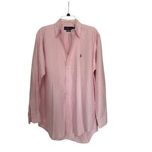 Ralph Lauren Classic Fit Men's M Pink White Striped Cotton Button-Up